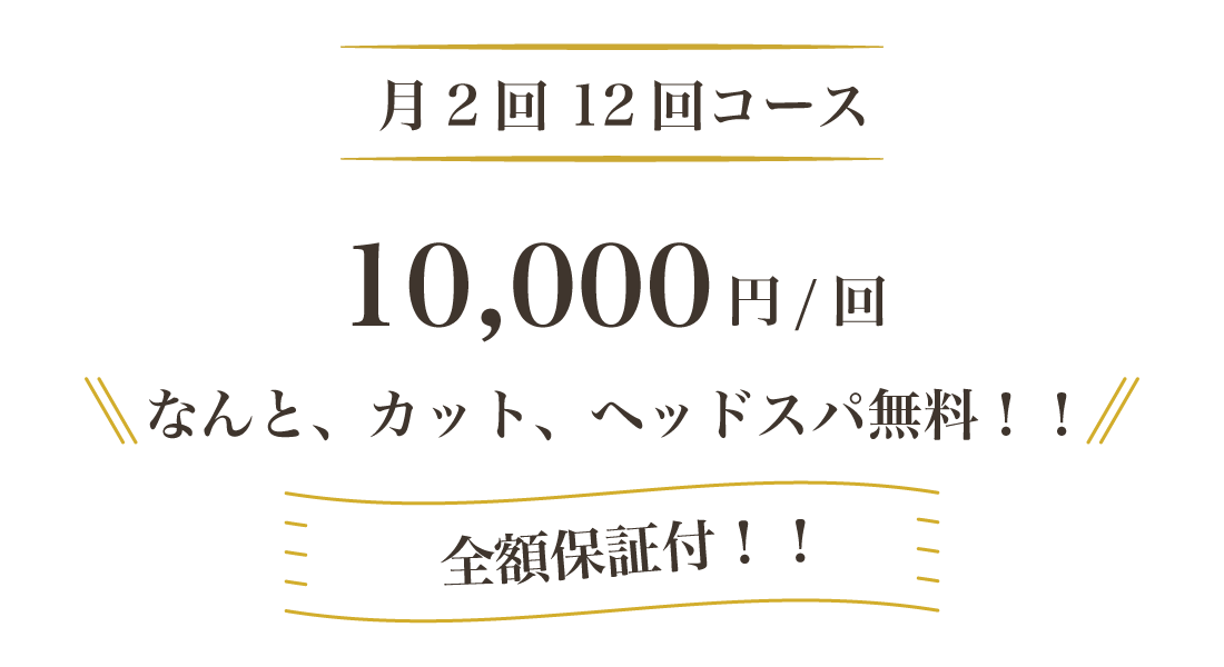 月2回　12回コース　全額保証付！！ 10,000円/回 なんと、カット、ヘッドスパ無料！！