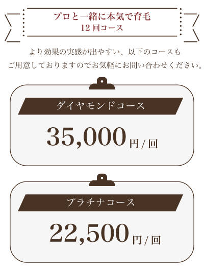 『プロと一緒に本気で育毛12回コース』より効果の実感が出やすい、以下のコースもご用意しておりますのでお気軽にお問い合わせください。
                                    【ダイヤモンドコース】35,000円/回、【プラチナコース】22,500円/回